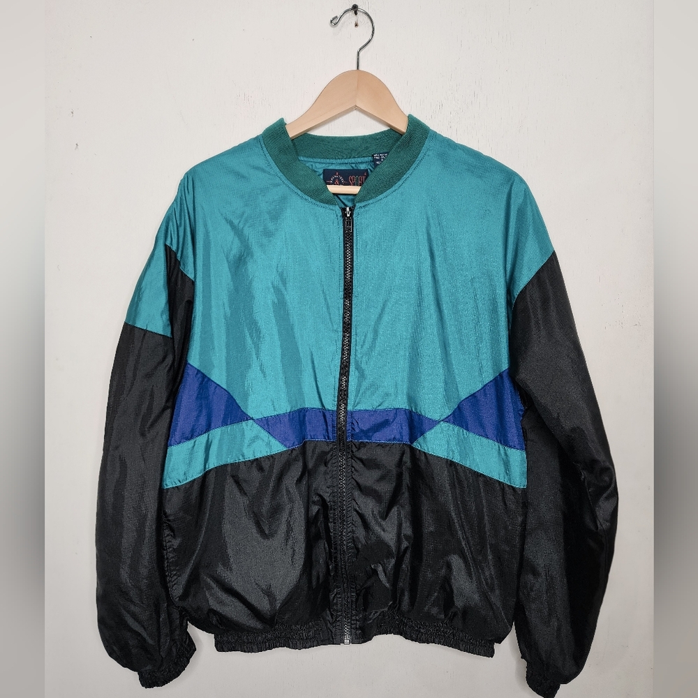 Vintage 90s Roundtree & Yorke Colorblock Windbreaker Jacket Teal Black SZ L